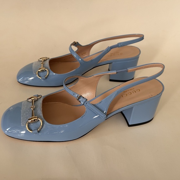 GUCCI Women's Horsebit Mary Jane Pumps Blue Patent Leather Size 8.5 NIB - Picture 5 of 10